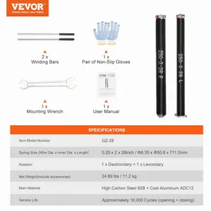 VEVOR Garage Door Torsion Springs, Pair of 0.25x 2x 28inch, Garage Door Springs with Non-Slip Winding Bars, 16000 Cycles, Gloves and Mounting Wrench, Electrophoresis Coated for Replacement
