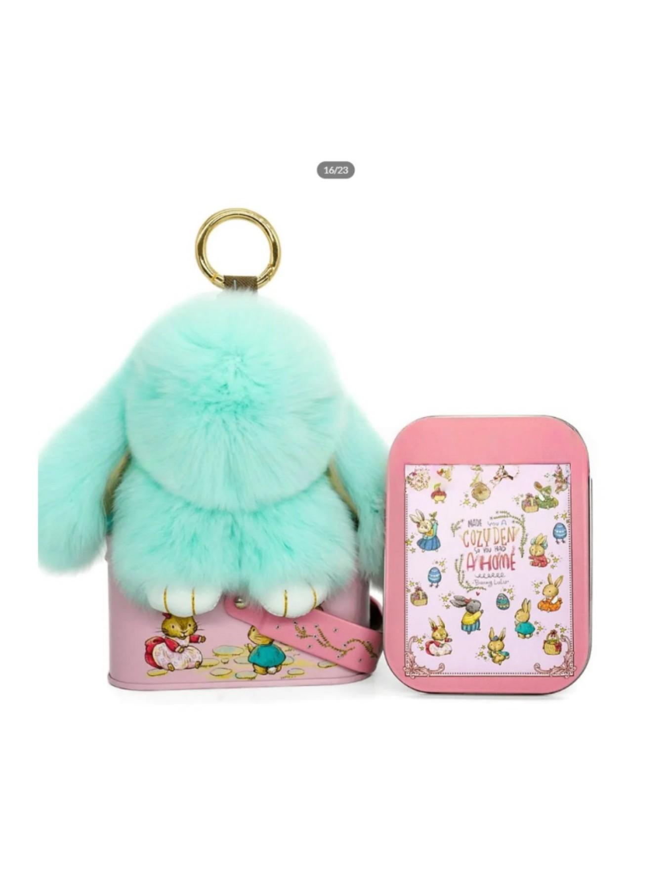 Handmade Rabbit Keychain with Design Tin Box, Creative Gift for Girls, Soft Fuzzy Bunny Pendant, Travel Accessory, Birthday Present
