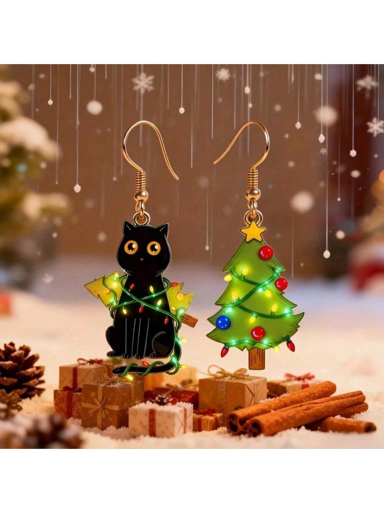 Cute Black Cat and Pine Tree Earrings - Acrylic Material, Suitable for Christmas Day and Daily Wear, Women's Party Fun Declaration Earrings (Gift for Her) - Comfortable and Durable Design