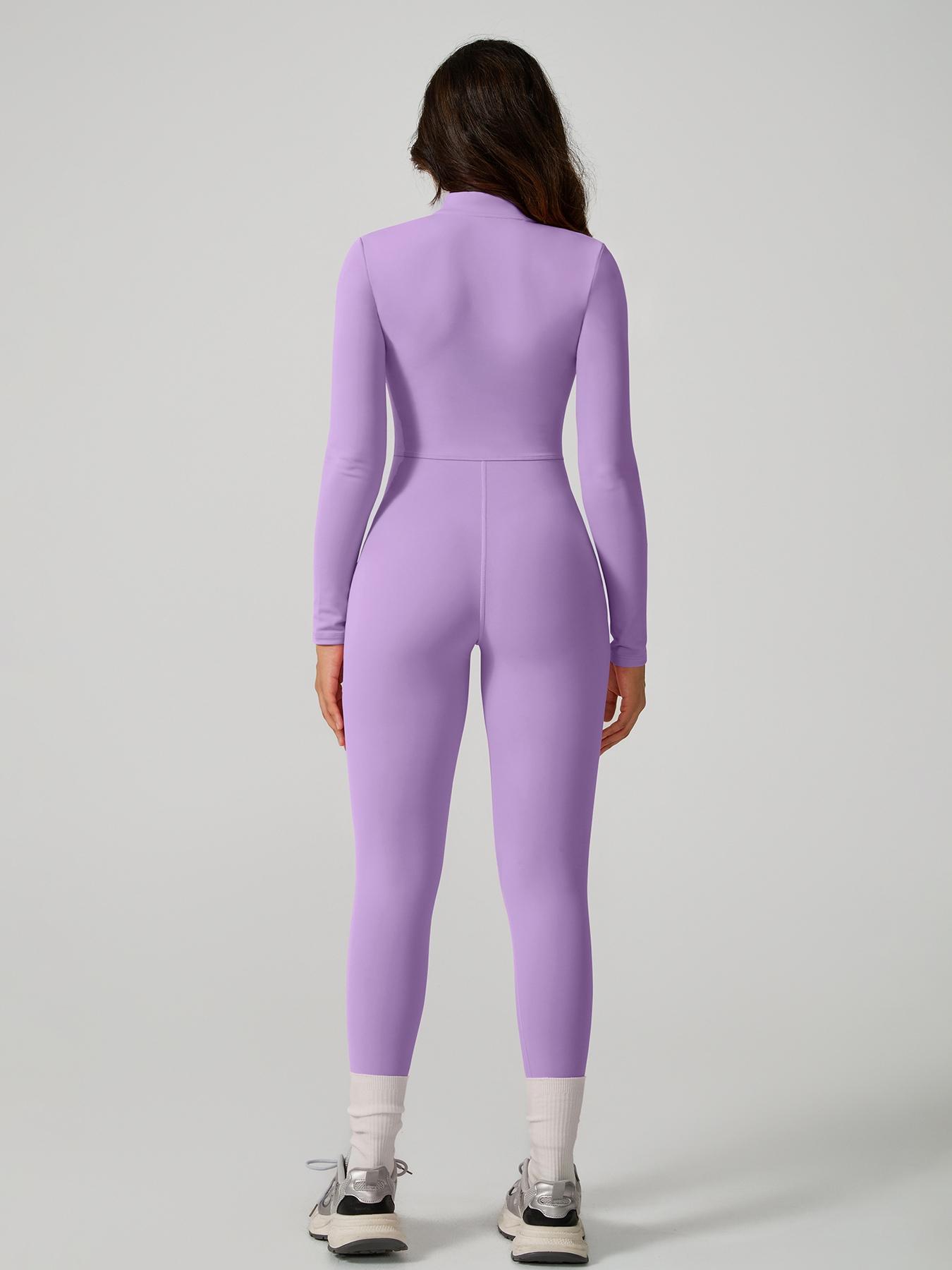 Women's Sporty Tight-Fit Long Sleeve Workout Jumpsuit, Plain Pattern, Fleece Lined, Half-Zipper Design, Fall & Winter Yoga Gym