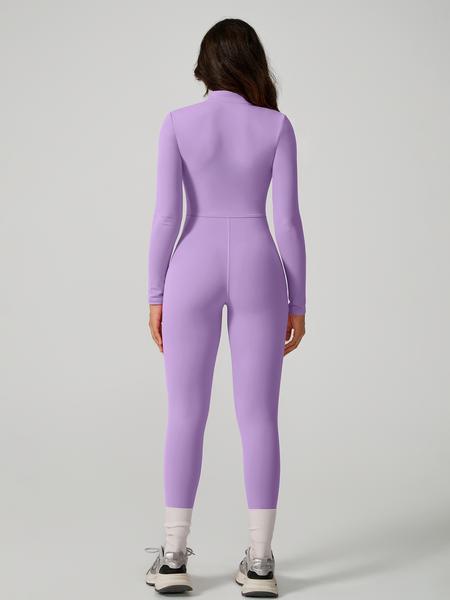 Women's Sporty Tight-Fit Long Sleeve Workout Jumpsuit, Plain Pattern, Fleece Lined, Half-Zipper Design, Fall & Winter Yoga Gym