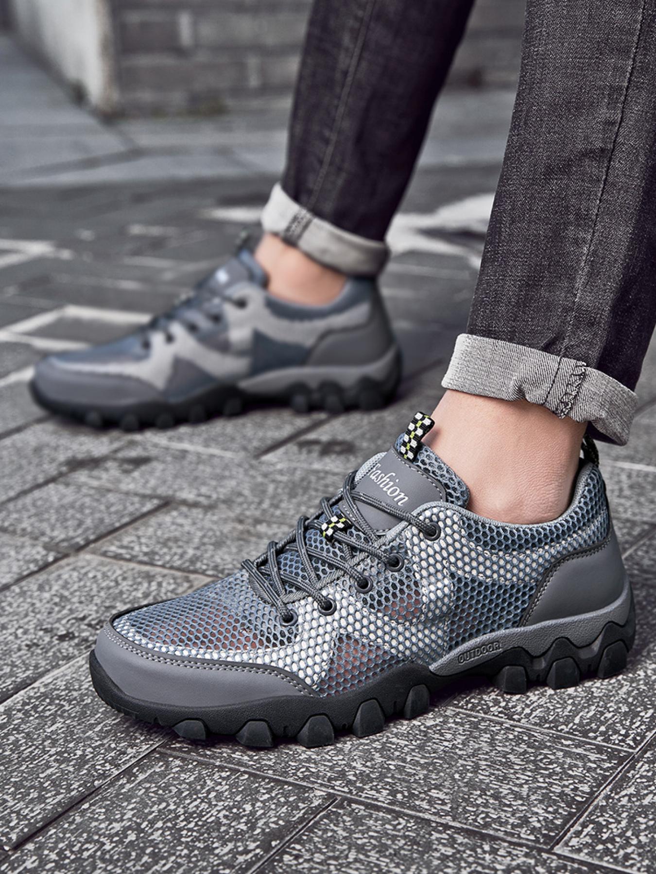 Men's Solid Color Mesh Breathable Outdoor Hiking Shoes Lace-up Closed-toe Trekking Shoes Non-slip Wear-resistant Casual Sneakers