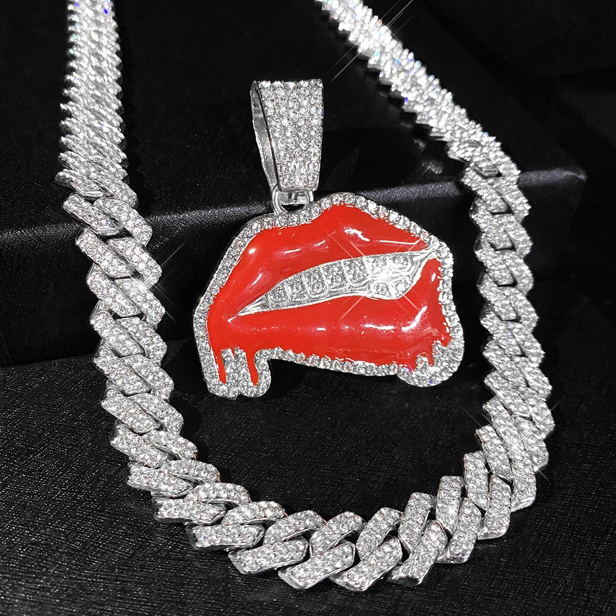 Diamond-studded oil-drip sexy red lip pendant hip-hop personalized creative alloy Cuban chain necklace