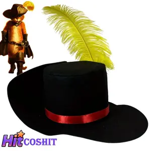 Movie Puss in Boots Cat Hat Adult Cap With Feather Cosplay Costume Accessories Headgear Roleplay Halloween Carnival Suit Props