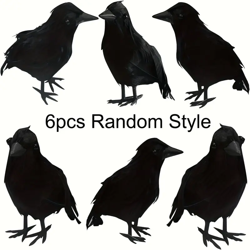 6-piece set of retro black crow random combination suit, given to her/him, containing realistic artificial feathers-Halloween black crow feather decoration hand-made party props, realistic touch plastic crow, used for seasonal interior decoration.
