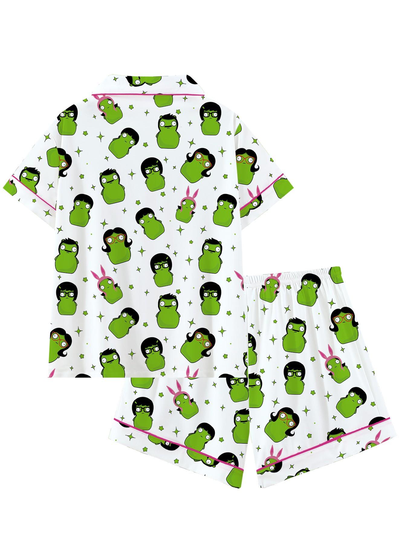 Adorable Cartoon Alien Print Women's Pajama Set Loungewear Pajamas, Comfortable Wear-Home Two-Piece, Short Sleeve Button-Up Top & Elastic Shorts, Casual Homewear Loungewear Nightwear Pjs Pyjamas Gift