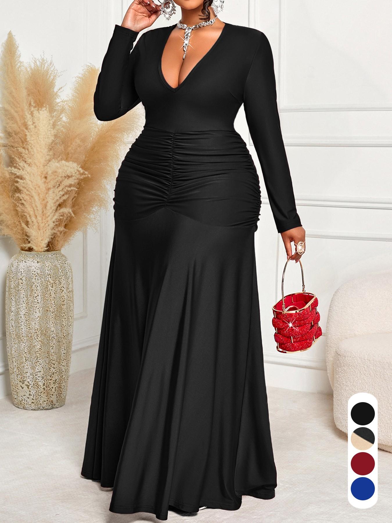 Plus Size Elegant Slim-Fitting Long Sleeve Maxi Dress, High Waist Pleated Ruched Bodycon Dress for All Seasons, Perfect for Valentine's Day and Special Occasions