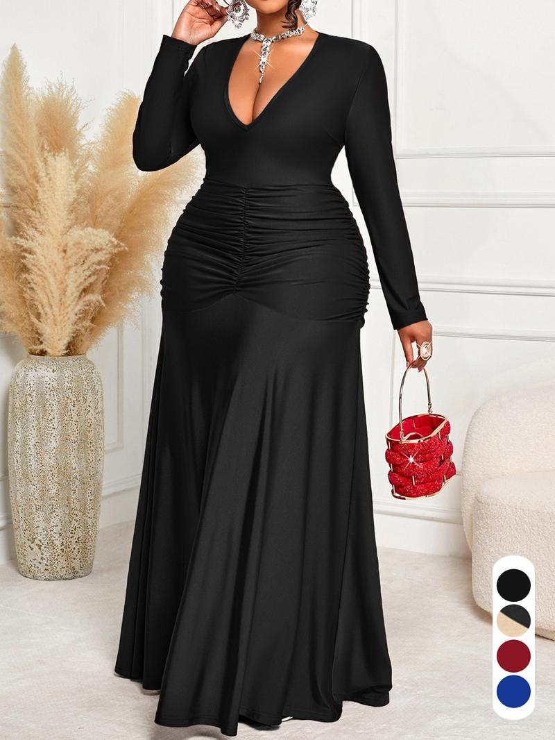 Plus Size Elegant Slim-Fitting Long Sleeve Maxi Dress, High Waist Ruched Bodycon Dress for All Seasons, Perfect for Valentine's Day and Special Occasions