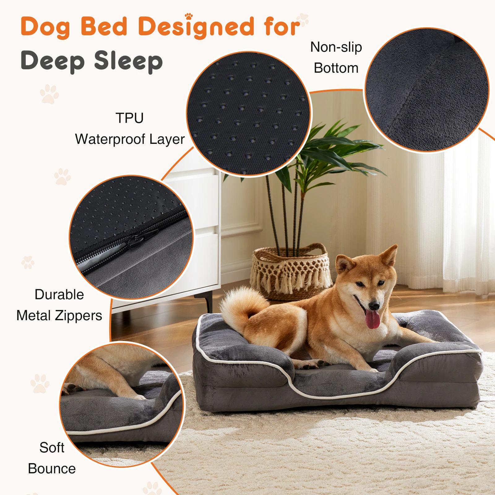 Orthopedic Dog Bed for Large Size Dogs, Supportive Memory Foam Dog Sofa with Washable Removable Cover, Non-Slip Base, Waterproof Pet Couch Bed