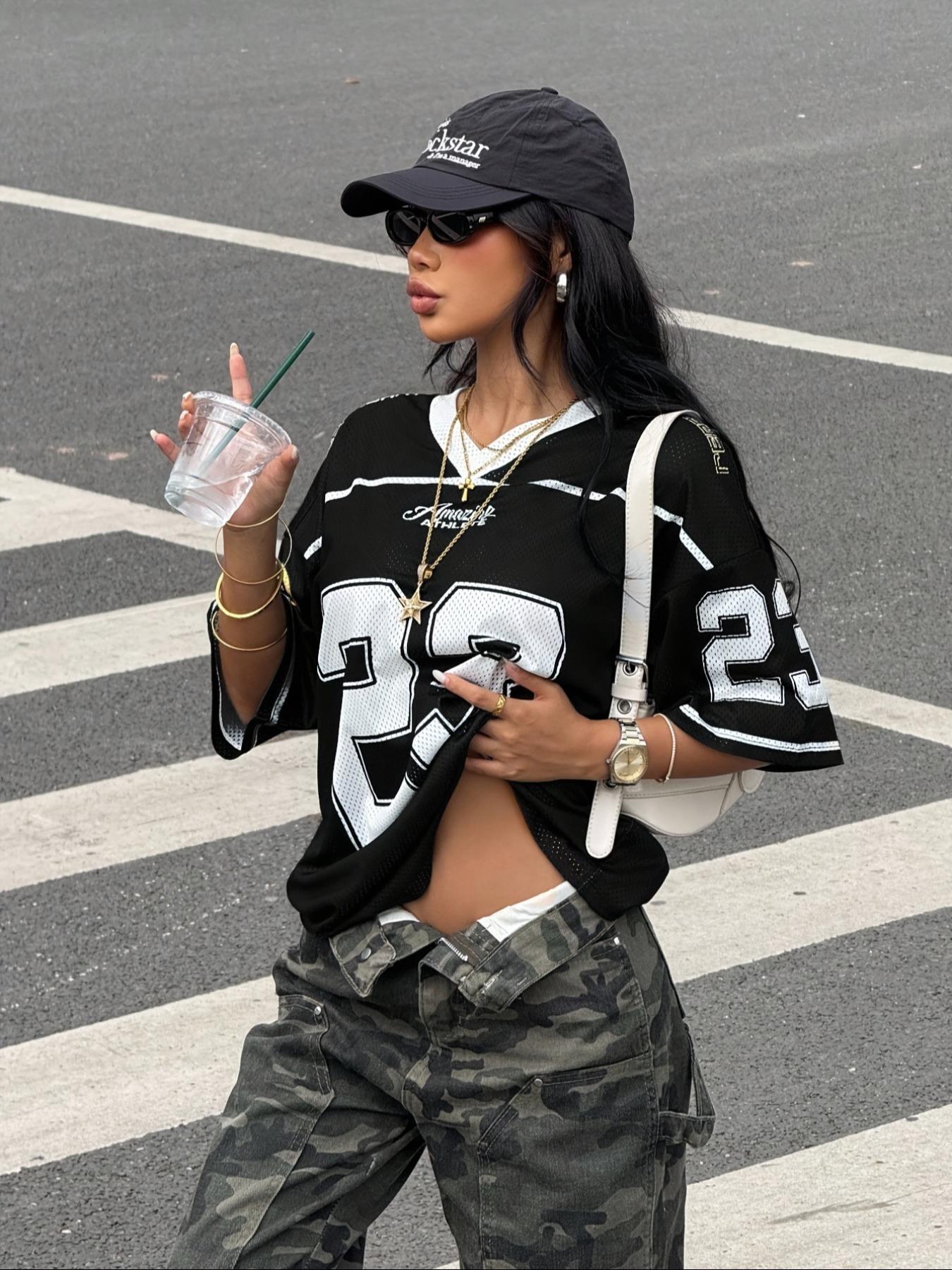 Women's Y2k23 Retro Mesh Breathable Sports Jersey, Streetwear Daily Wear Top, Loose-Fit Short Sleeve, All Seasons Fashion