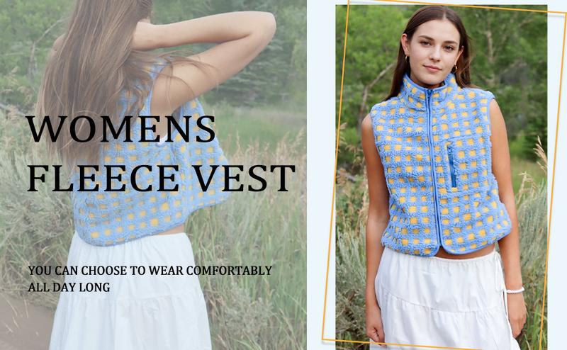 Tanming Womens Spring Checkered Sherpa Vest Sleeveless Fleece Jacket Zip Up Plaid Gilet with Pocket Casual Layering Tops