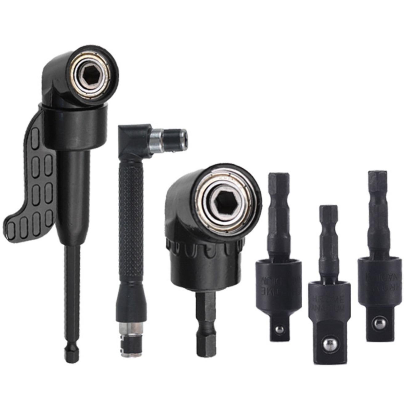 6-piece Angle Drill Bit Accessory and Right-angle Drill Bit Adapter Set - Includes 3 Rotatable 360° 1/4, 3/8, and 1/2 Inch Impact Grade Socket Adapters + 2 105° Hexagonal Shank and 90° Inclined Drill Bits Tool Kit