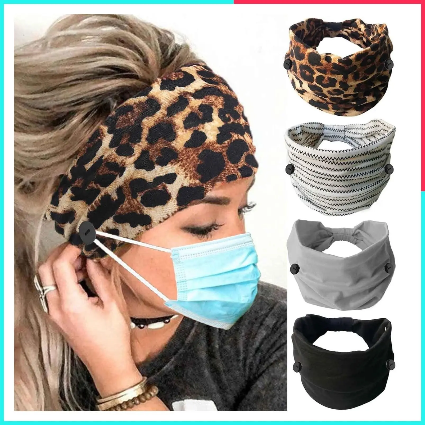 Leopard Print Button Headbands for Women, 4 Pack - Wide Elastic Non Slip Turban Headwrap, Nurse Workout Yoga Sports Hair Band, Mask Ear Saver Sweatband, Boho Hair Accessories