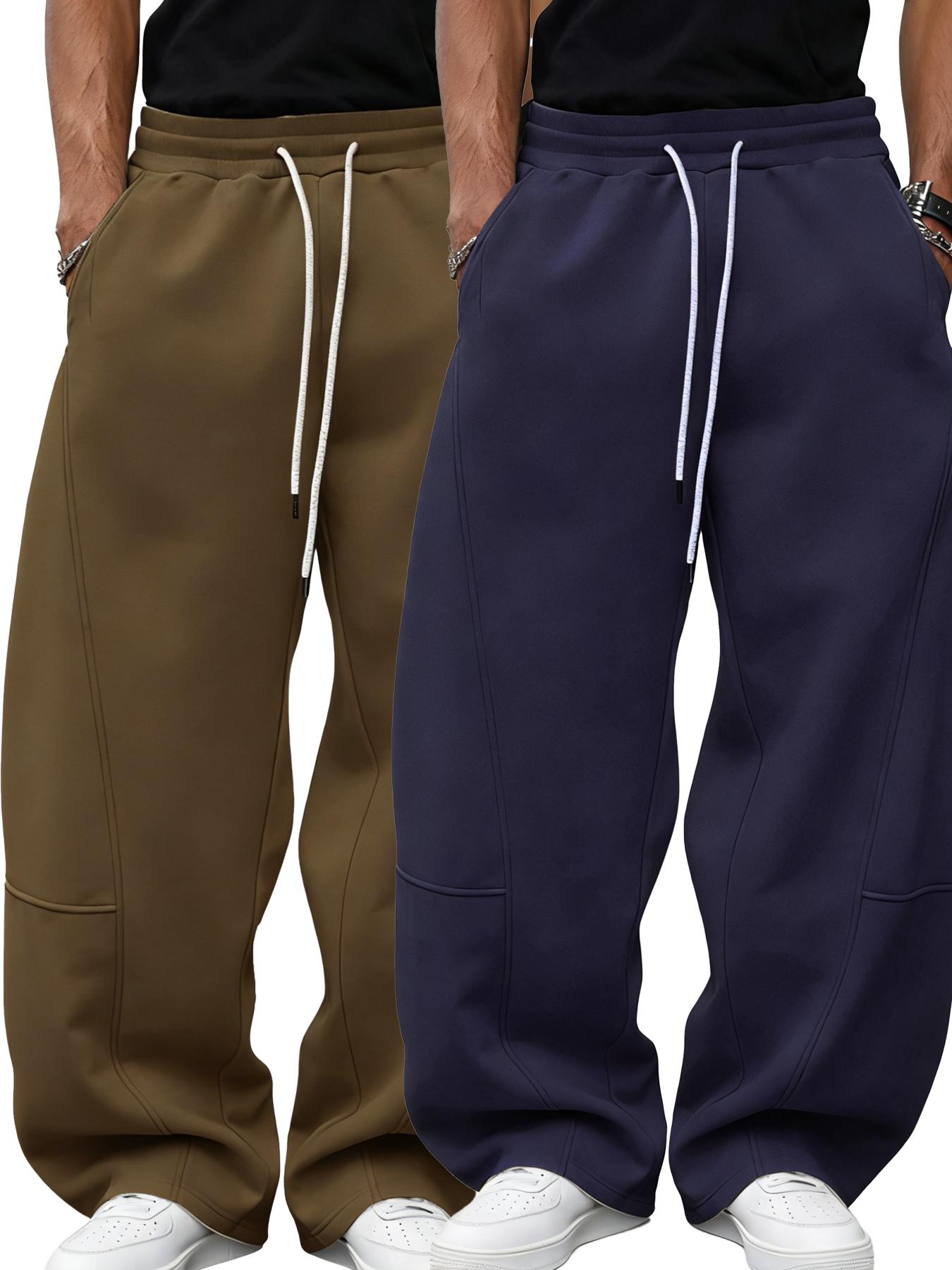 Men's Loose Fit Sport Pants, Baggy Jogging Pants, Casual Drawstring Waist Wide Leg Joggers with Pockets, Fall & Winter Fashion, 2 Piece Set