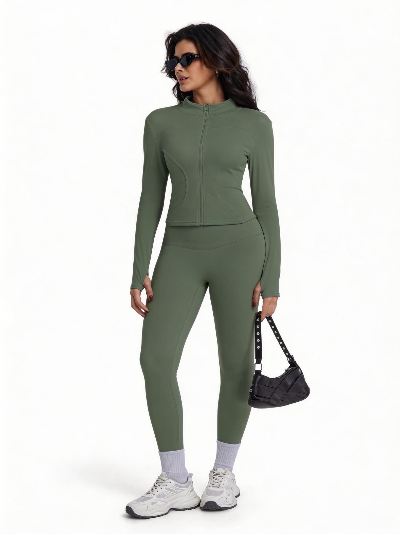 Women's Two-Piece Sport Set, Long Sleeve Zipper Yoga Jacket & High-Waist Tight Pants, Slim Fit, Fall Winter, Gym Running Fitness
