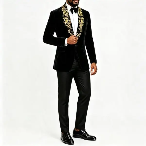Men's Velvet Tuxedo Blazer with Gold Embroidery Shawl Lapel, Slim Fit Long Sleeve Formal Wear Dinner Jacket for Wedding, Prom Menswear Suit Workwear