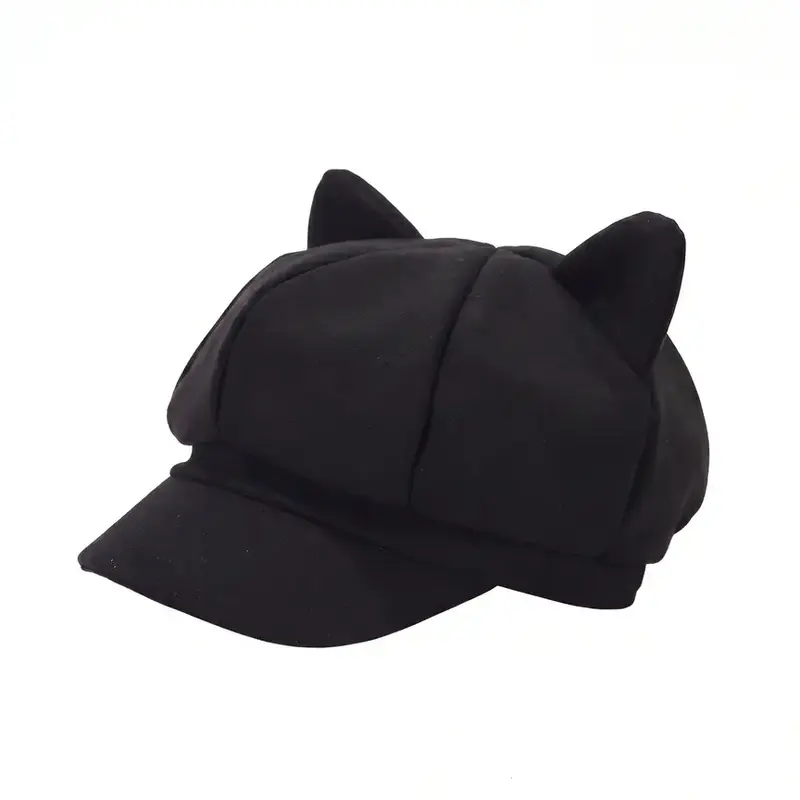 Cute Cat Ear Design Beanie Hat, Casual Trendy Retro Beret Hat for Women & Men, Fashionable Black Hat for Daily Wear for All Season, Adjustable Hat, Fashion Hats