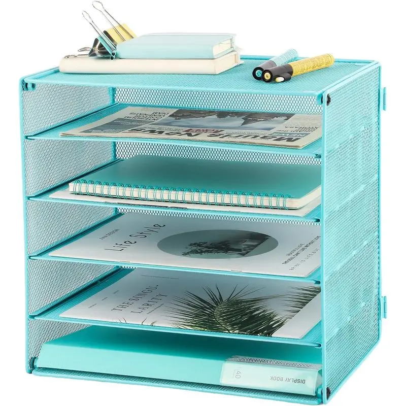 5 Slot Mesh Desk Organizer Tray, File Paper Letter Folder Holder Desktop Paper Sorter Mail Organization Rack Storage Accessories, for Office Home School Classroom, Blue