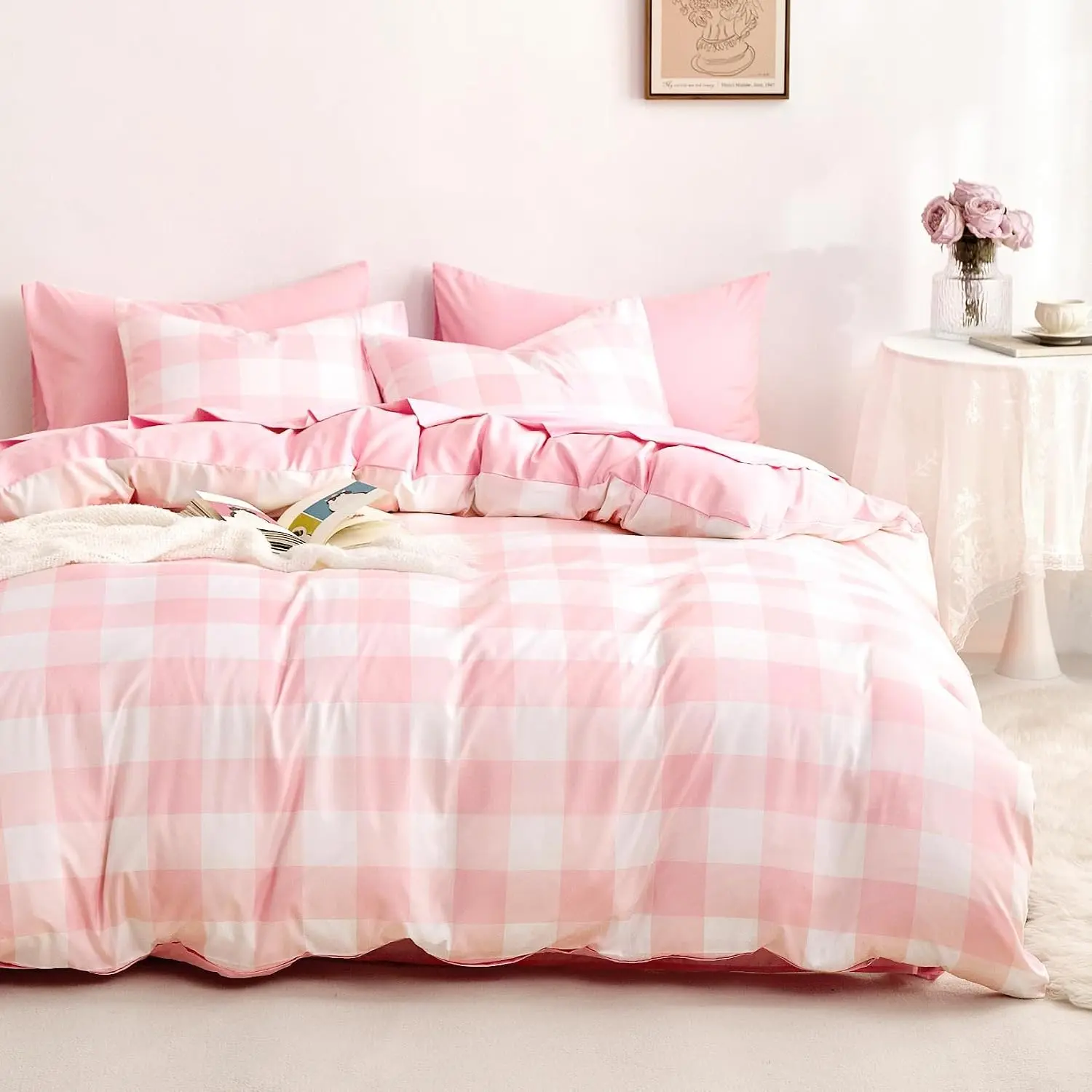 Gingham Duvet Cover Set, Plaid Buffalo Checker Check Cute Aesthetic for Teen Boys Girls, Soft Lightweight Dorm Bedding, 3-Piece, Light Pink White, Full Size