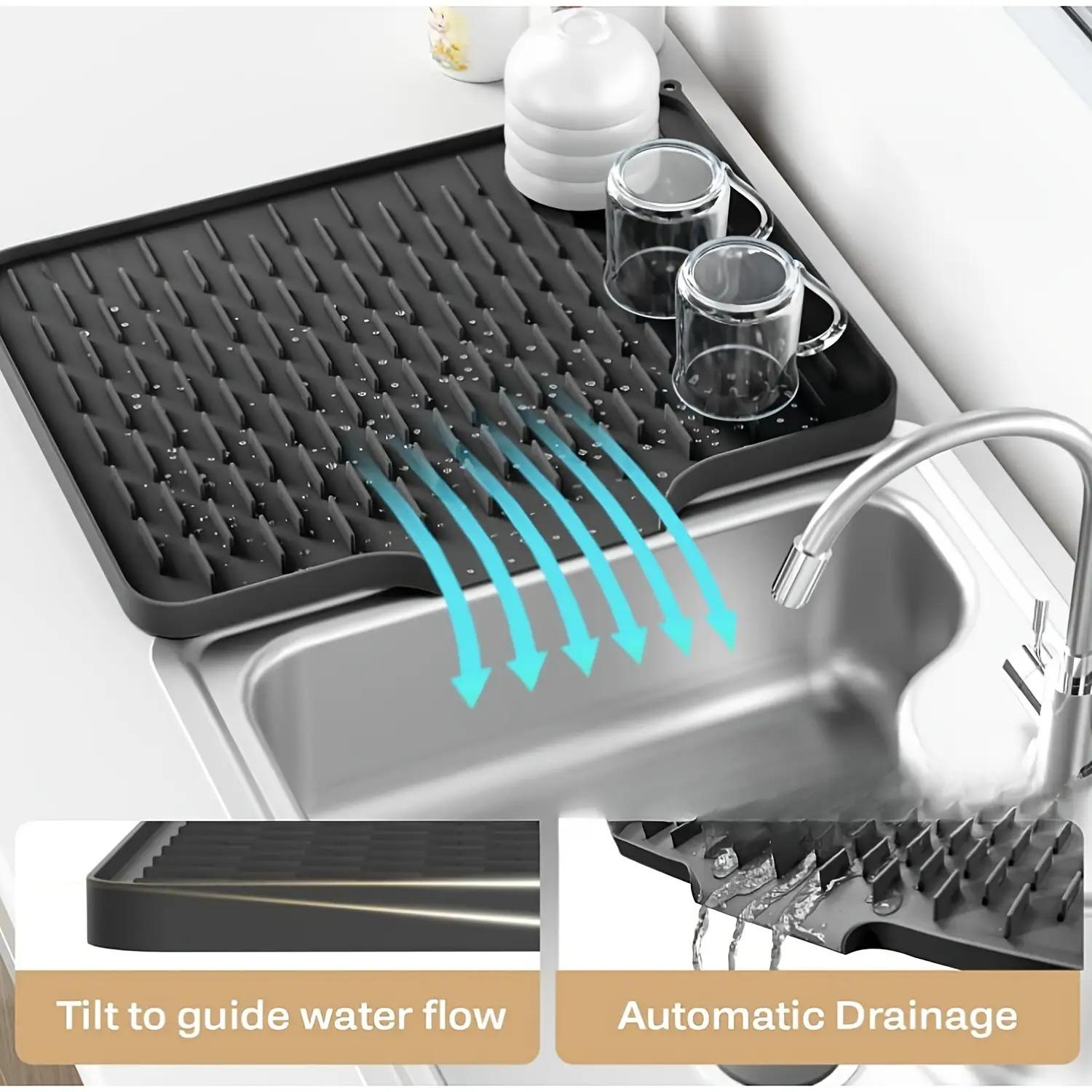 Large Kitchen Sink & Dish Drying Rack - Non-Slip Silicone Drainage Board Drain, Heat-Resistant & Easy-Clean Surface, Raised Edges for Spill Prevention, Dish Storage Shelf, Compatible with Countertops, Sinks, Refrigerators