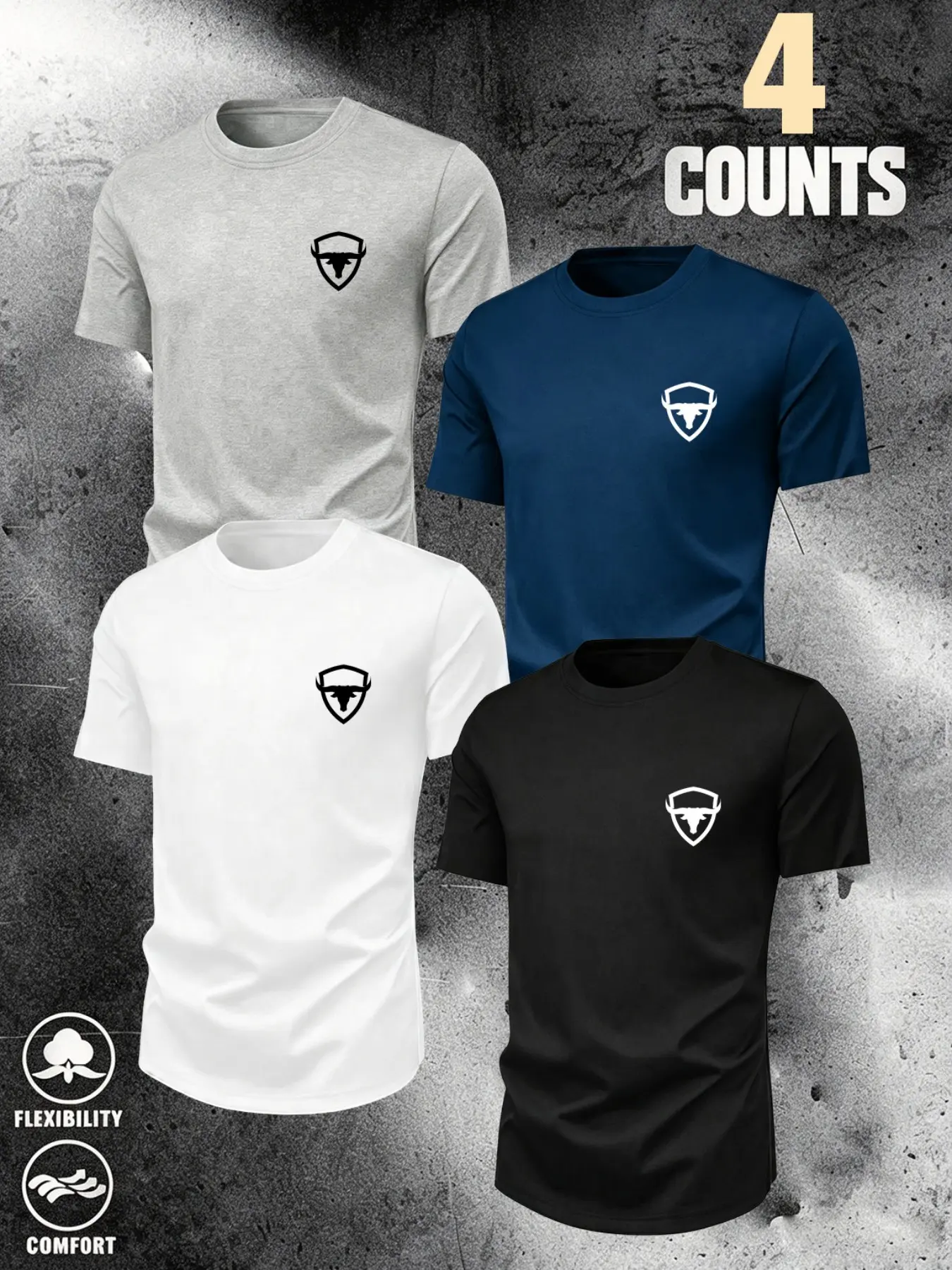 Men's Shield Bull Head Geometric Print Round Neck Short Sleeve T-Shirt, 4-Pack, Casual Loose-Fit, Breathable Sportswear, All Seasons, Breathable Sports Tops