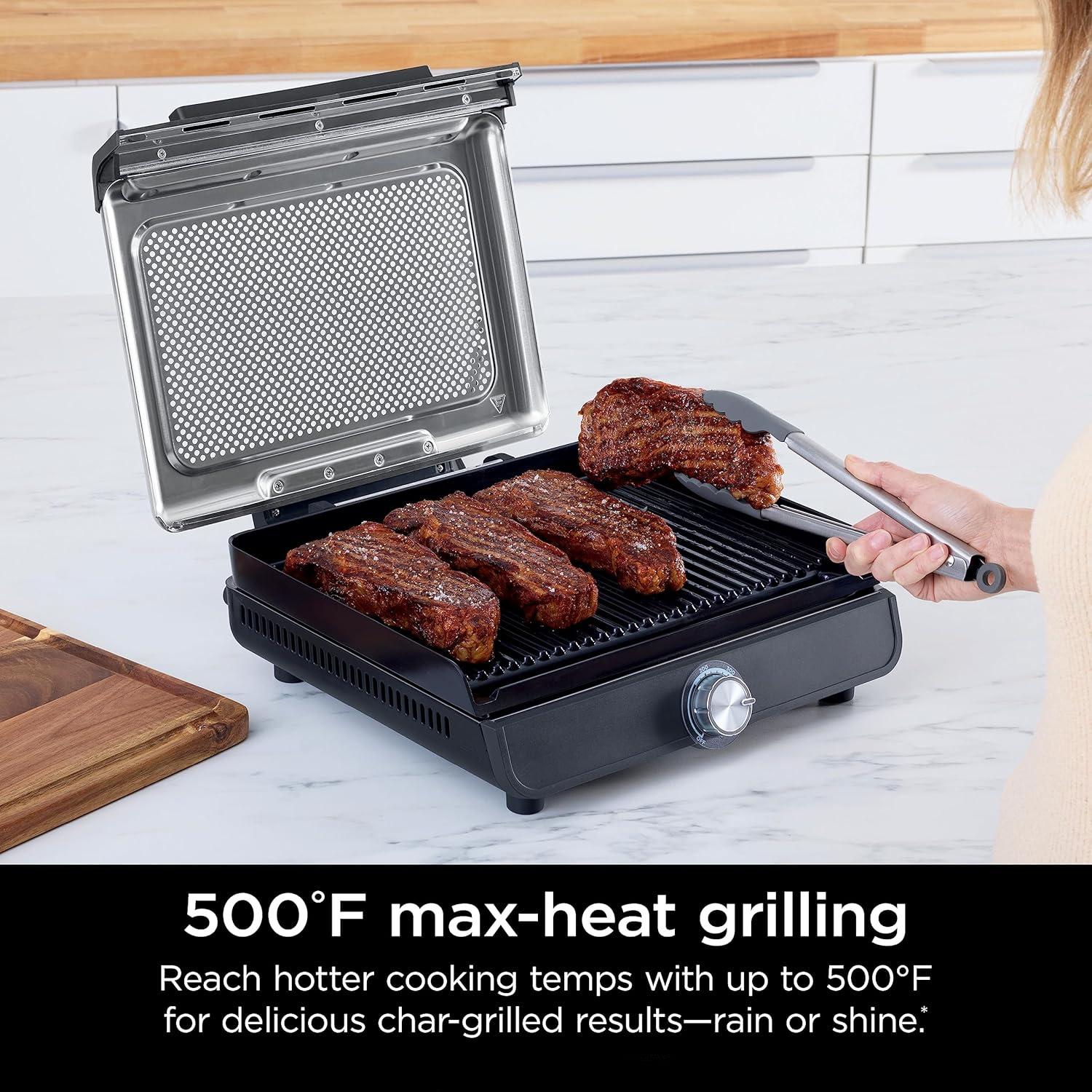 Griddle and Indoor Grill, 14’’, Electric Grill, For Steak, Burgers, Salmon, Veggies, and More, Pancake Griddle, Nonstick, Dishwasher Safe, 500F, Even Cooking, Silver, GR101