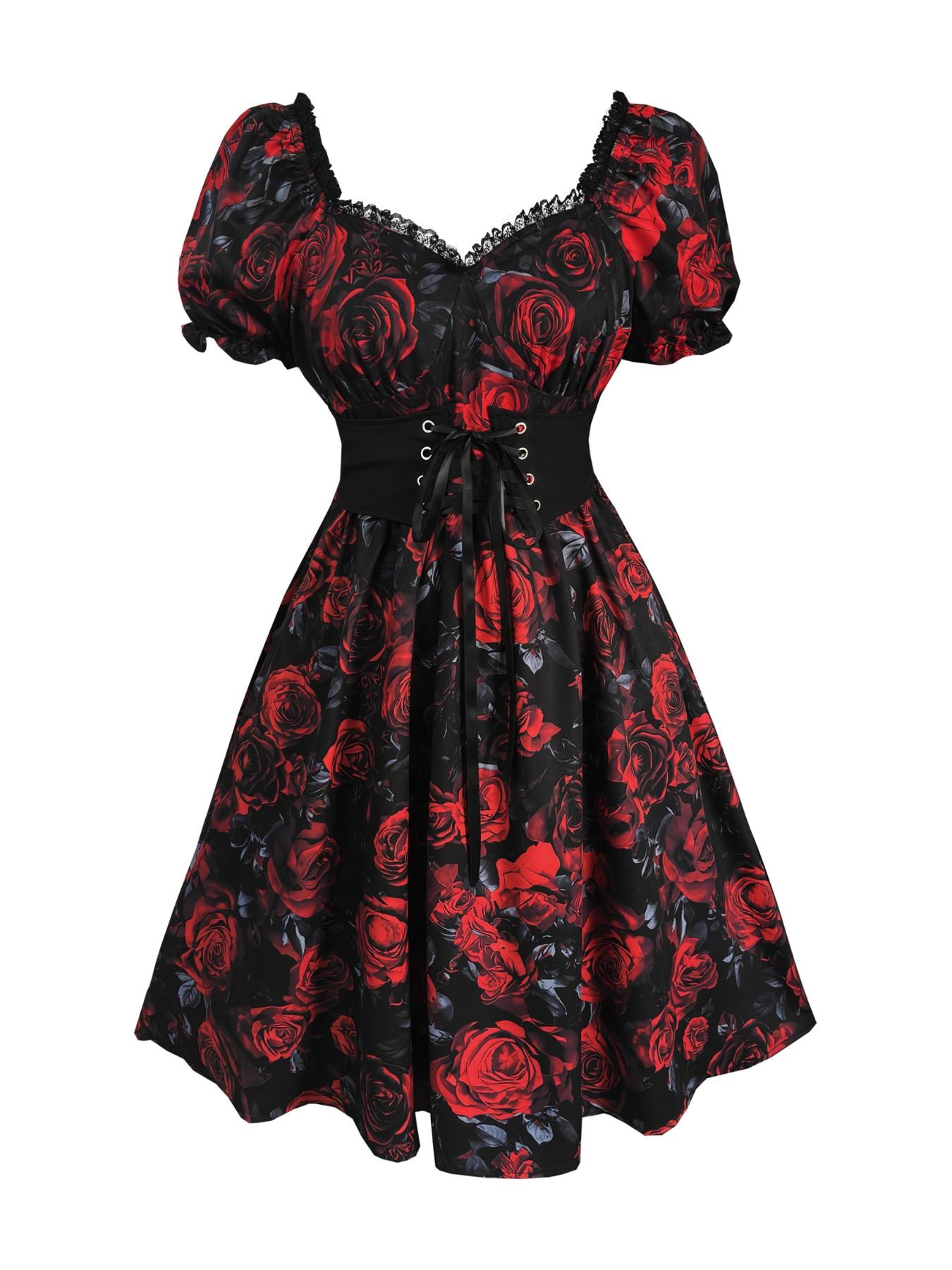 Gothic Vintage Bubble Sleeve Rose Print Dress, Lace Patchwork Dark Rose Retro Dress, Spring Summer Women's Floral A-Line Dress