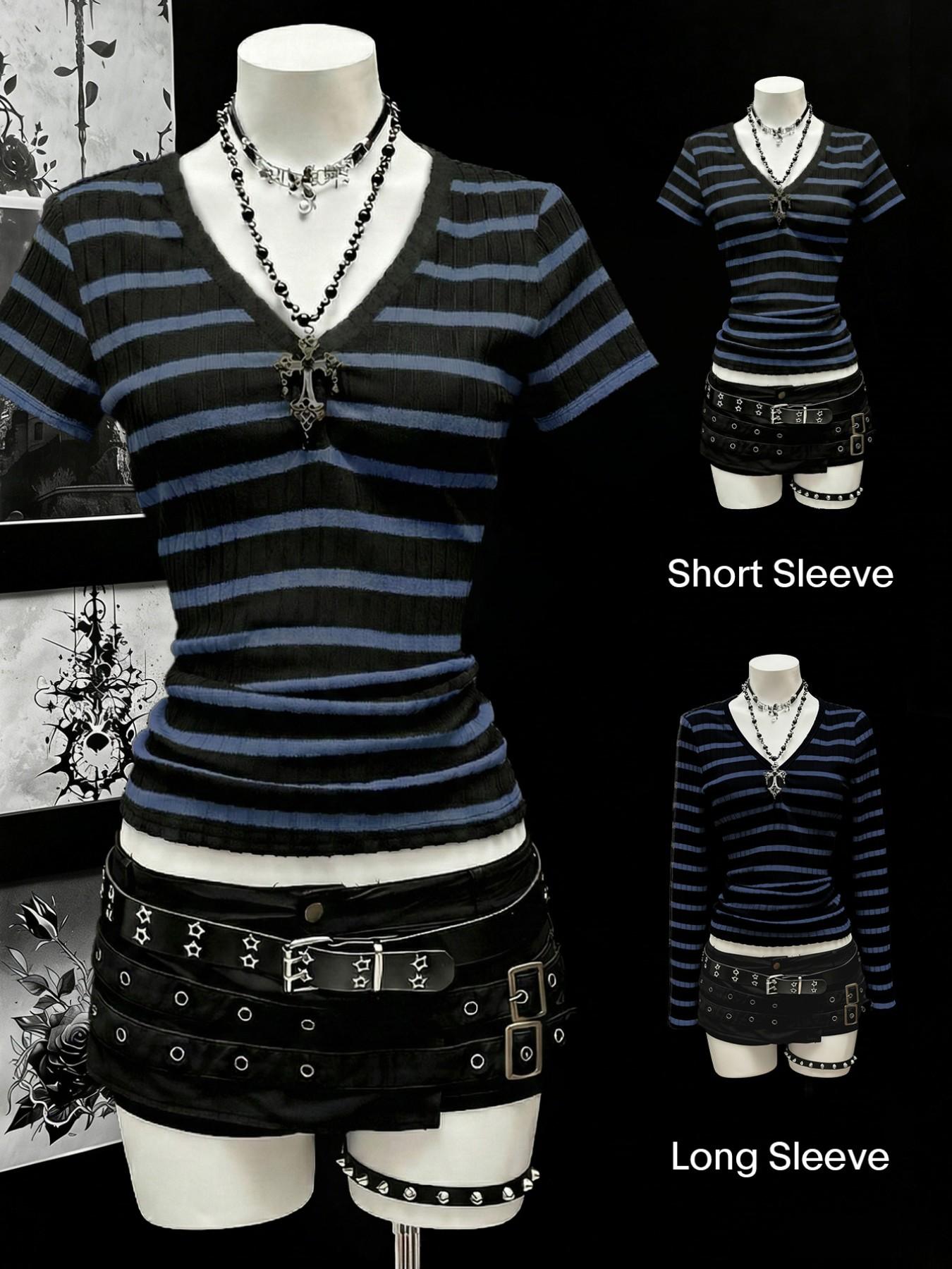 Women's long sleeved and short sleeved T-shirt Casual Gothic style black gray striped V-neck slim fitted knit top, with a close fitting knit material that looks slim and creates a niche Gothic atmosphere.