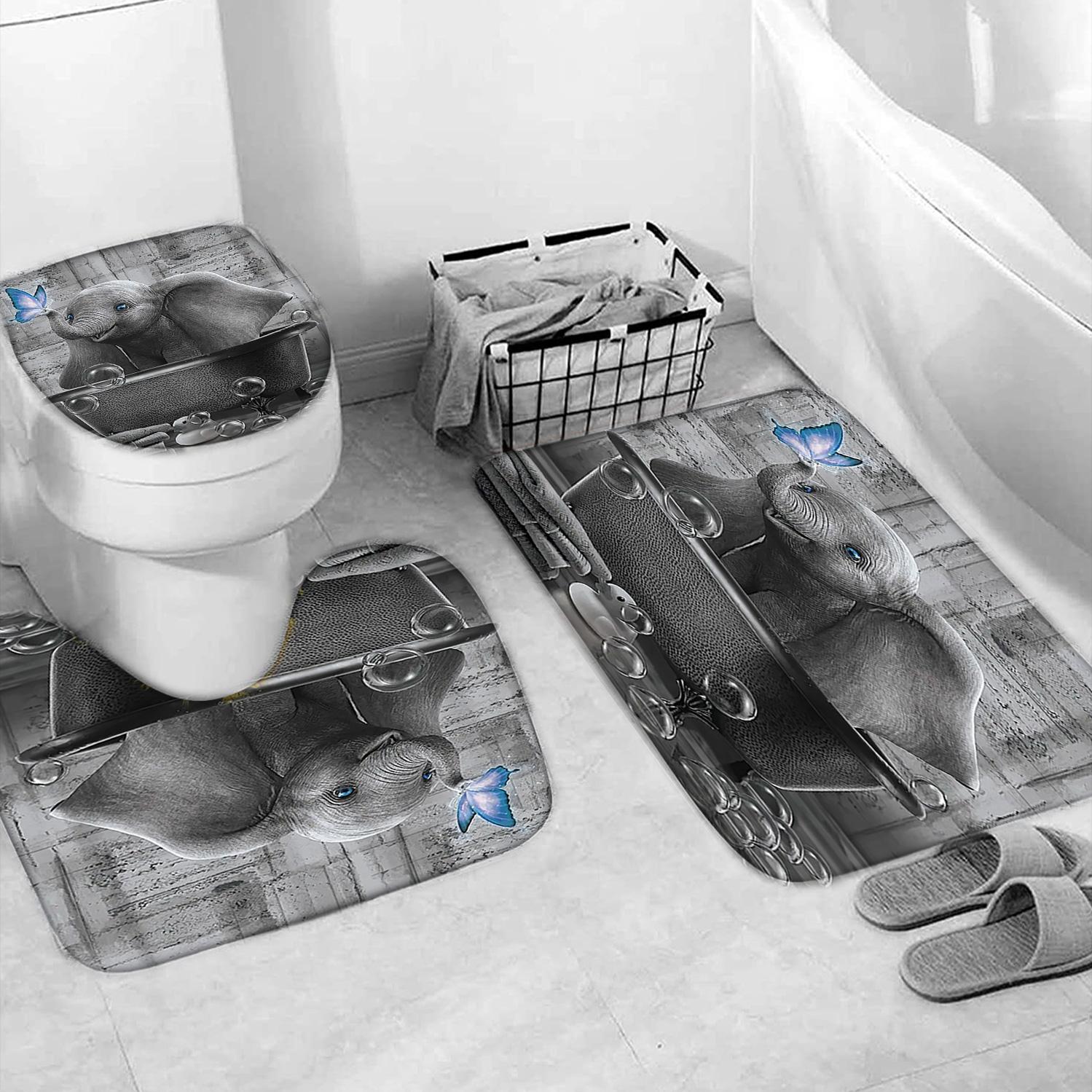 Elephant Pattern Bathroom Accessories Set, Shower Curtain, U-Shaped Toilet Pad, Long Rectangle Mat, Toilet Seat Cover, Fashionable Bath Decor