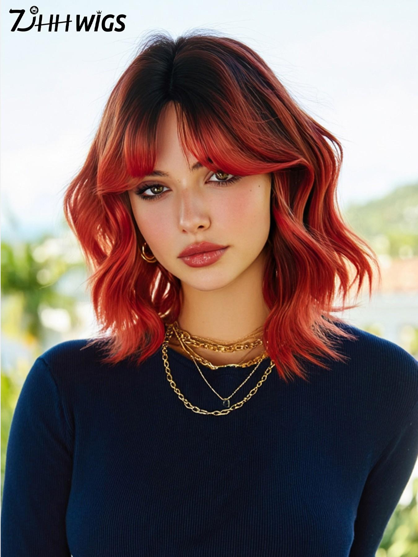 Short Wavy Ombre Red Wigs for Women 14 Inch Shoulder Length Bob Curly Middle Part Wigs with Dark Roots, Synthetic Heat-resistant Fiber Hair for Daily Cosplay, Role Play Wig, Party Use