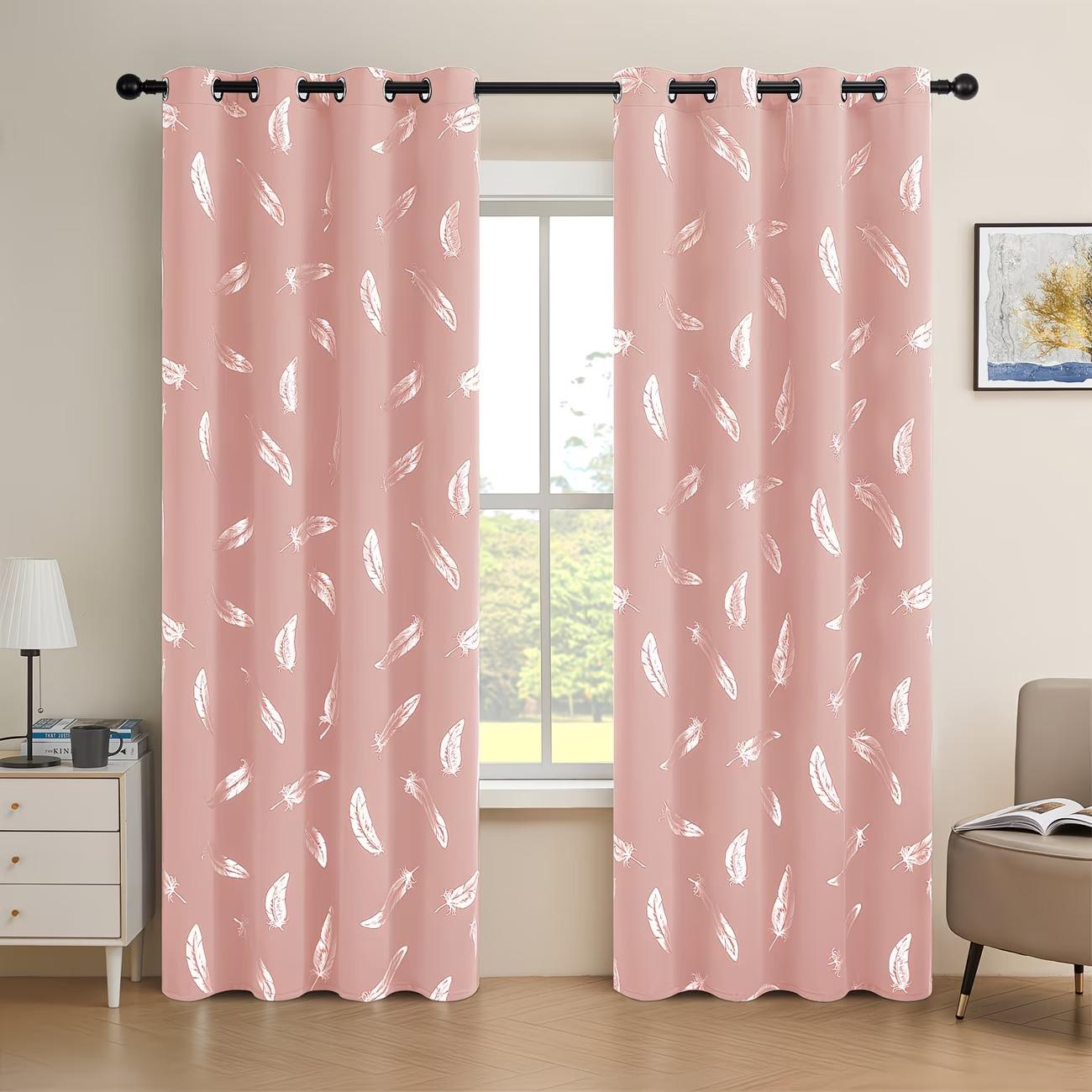 Two elegant feather-patterned decorative digital printed semi-transparent curtains made of polyester, suitable for living rooms and bedrooms, available in various pattern colors