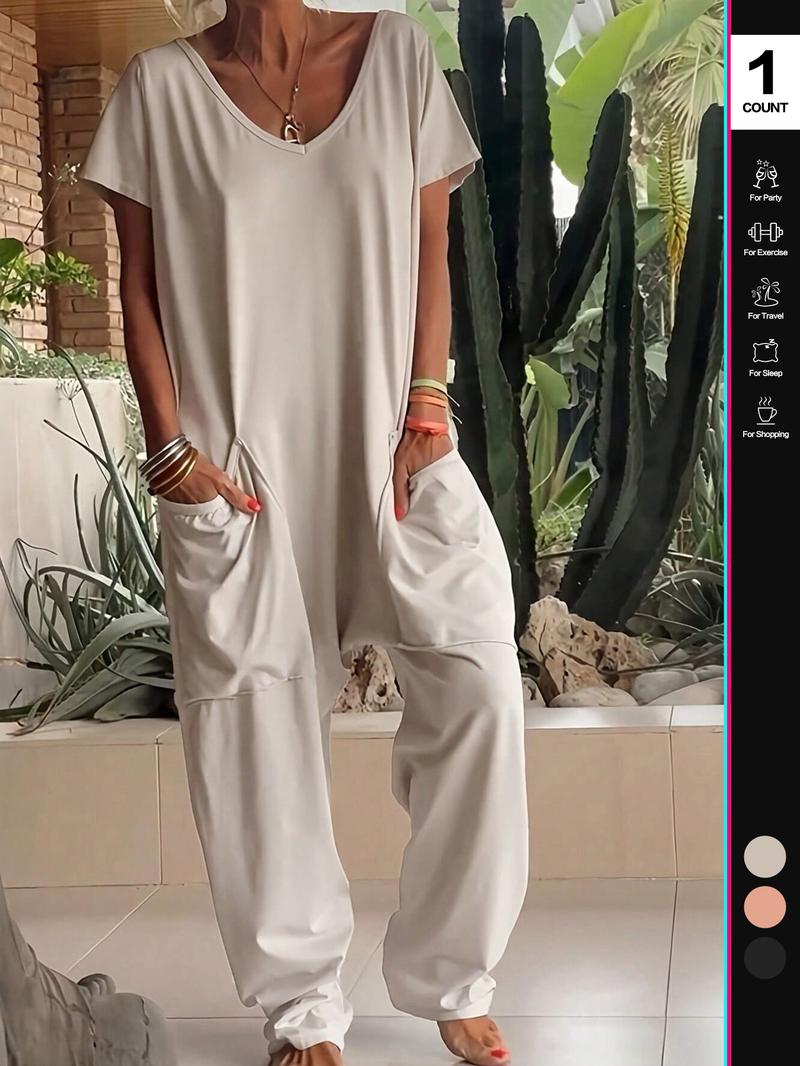 Women's Casual Jumpsuit, Short Sleeve V-Neck Design, Loose Fit Wide-Leg Romper, All Season Wear, Plain Pattern, with Pockets
