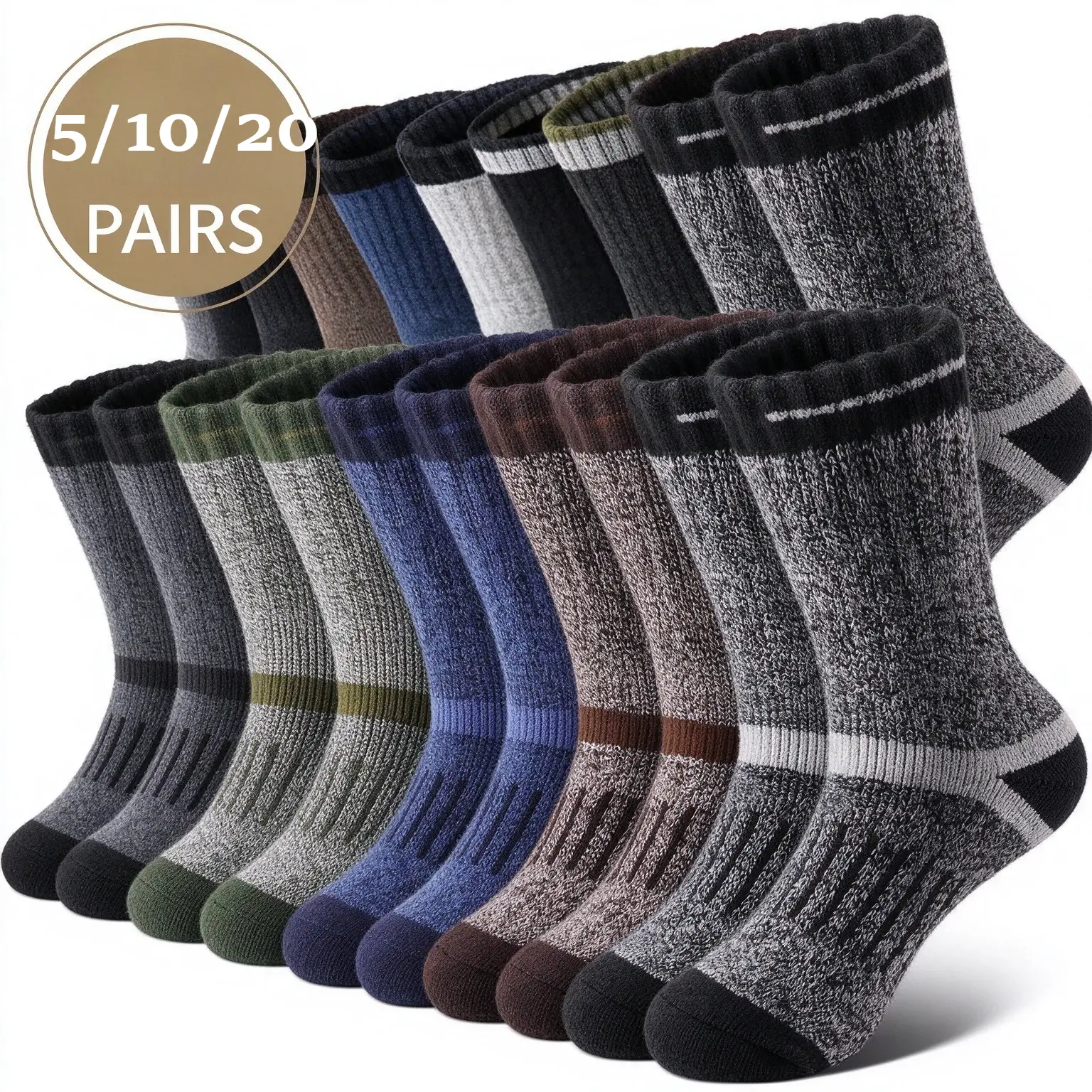 Men's Thick Cushioned Crew Socks (5/10/20 Pairs, 5 Pairs-Mix, Sizes 7-13) - Winter Warm Heavy Duty Vintage Heather Knit Thermal Boot Socks, Breathable Casual Fabric, for Outdoor Hiking, Cold Weather