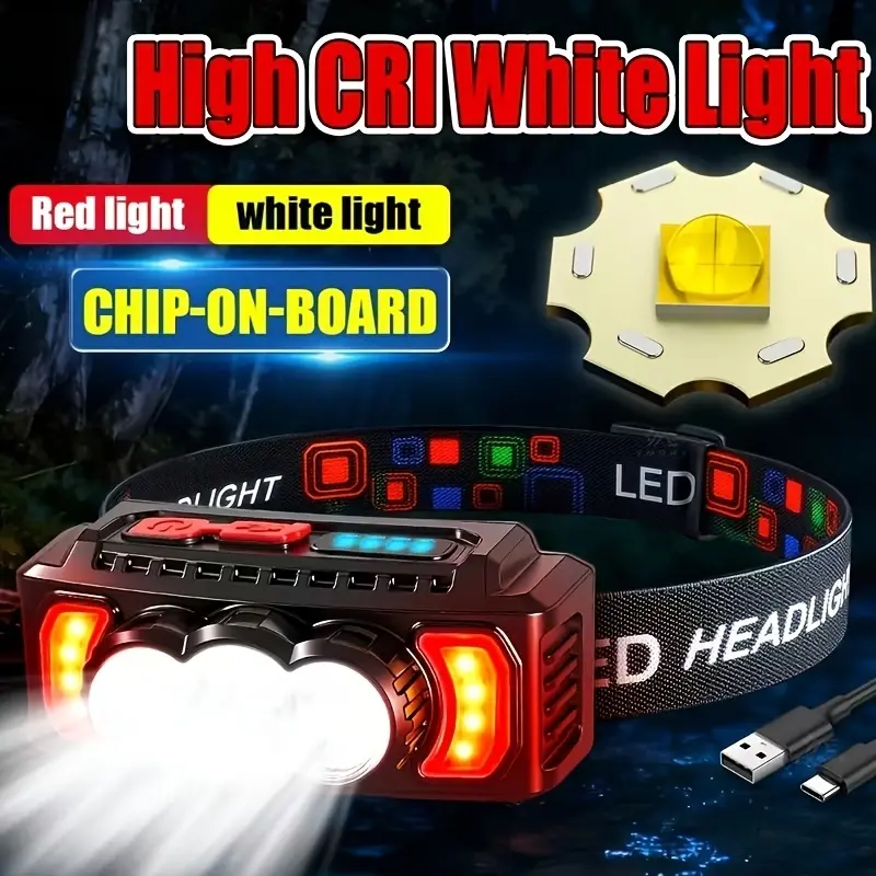 EverydayLumen 1/4 30W Super Bright LED Headlamp - Type-C Rechargeable, 18650 Battery Powered, Red Warning Front Lamp, 7 Lighting Modes, 180° Adjustable Angle, Mini Size, Portable Fit Hiking Light for Camping, Outdoor Work