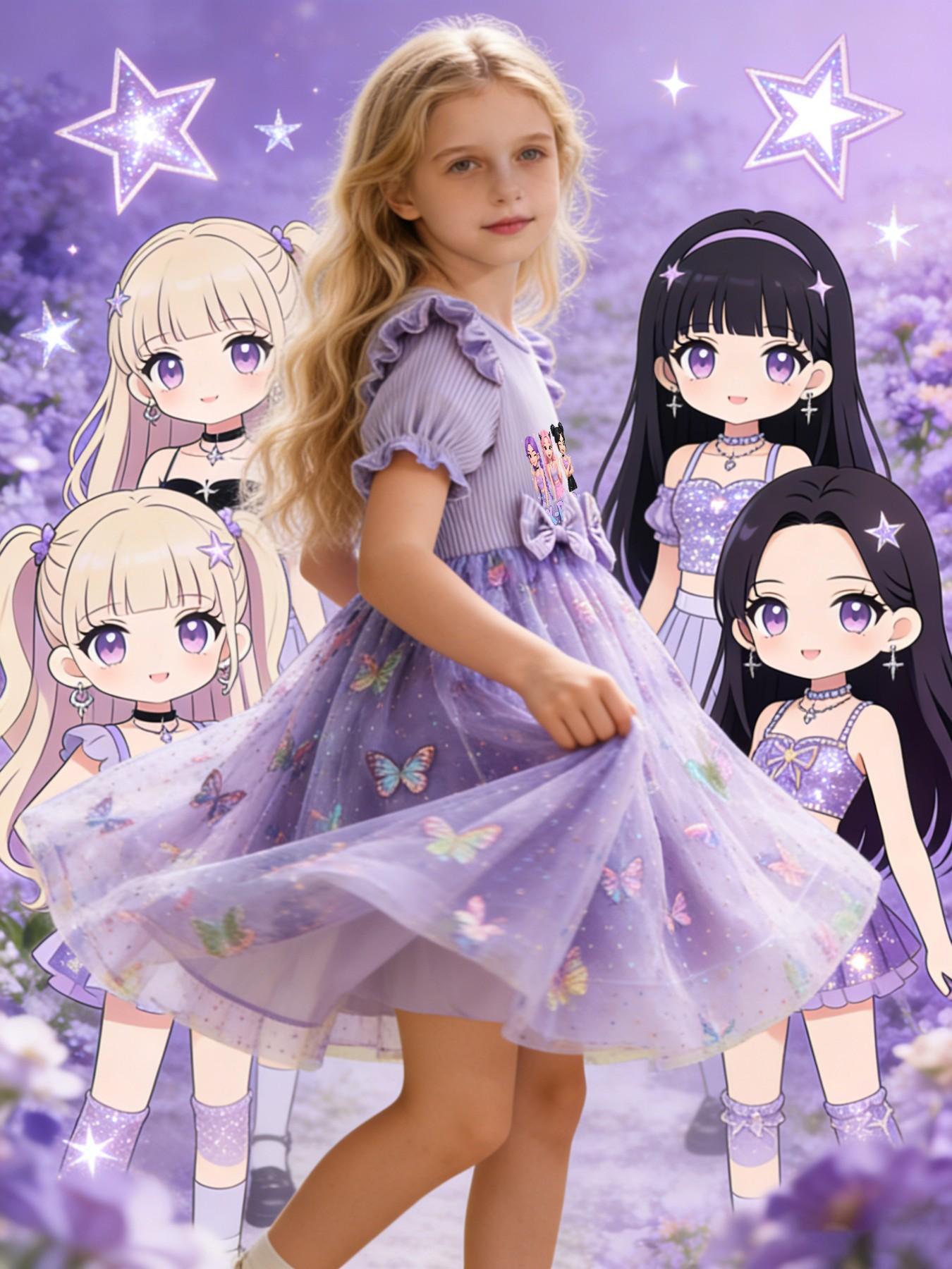 K-Pop Butterfly Child Princess Dress, Cute Fly Sleeve Bow Net Dress, Slim-Fitting Butterfly Pattern Dress for Girls
