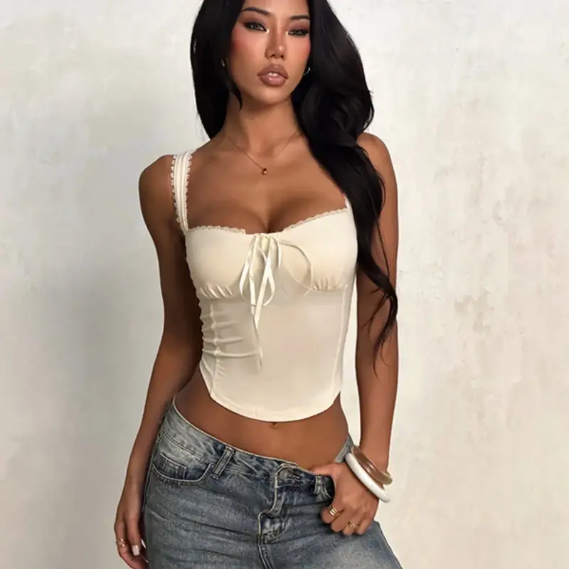 Women's Solid Color Lace Trim Crop Tank Top, Fitted Tank Top, Crop Camisole, Casual Sleeveless Cropped Top for Summer, Fashion Women's Top for Daily Wear