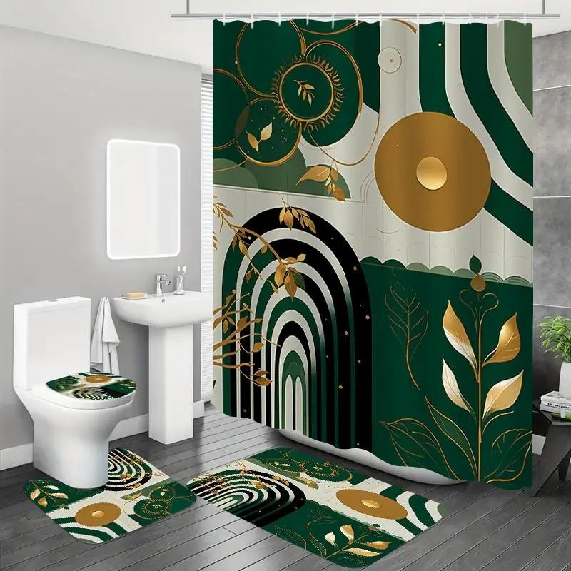 1/4pcs Abstract Pattern Bathroom Decor Set, 4 Countsset Including 1 Shower Curtain & 1 Bathroom Rug & 1 Toilet U-shape Mat & 1 Toilet Lid Cover Pad, Bathroom Restroom Decor Supplies, Home Goods, Shower Curtain Sets