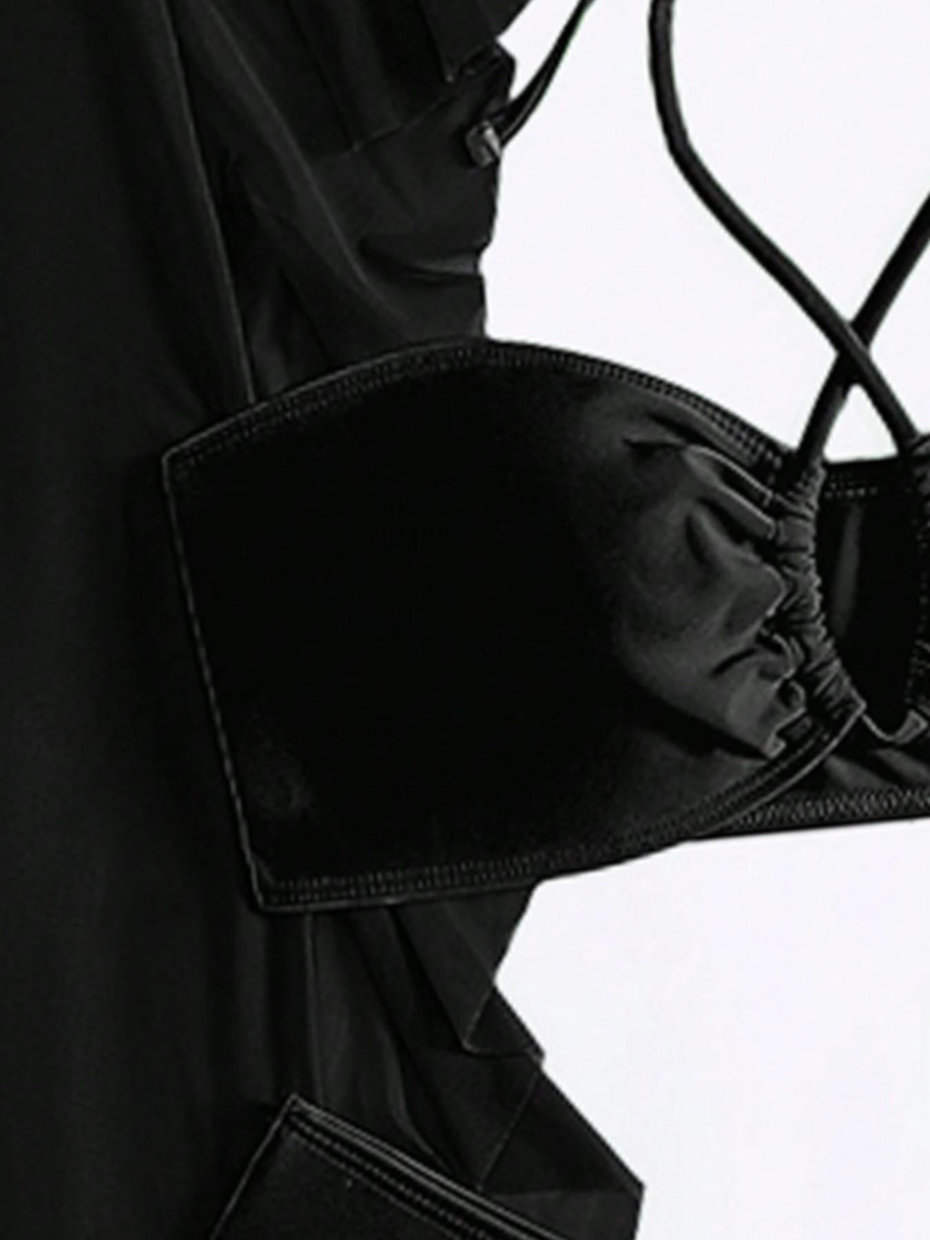 Women's 3pcs Criss Cross Cut Out Halter Tie Back Bikini Top & Thong & Sheer Ruffle Trim Pants Swimsuit Set, Sleeveless Swimwear Set for Summer, Ladies Swimsuit for Beach Holiday Vacation, Halter Bikini Sets