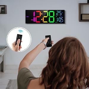 8 Colors Digital Wall Clock, 16.2" Large Digital Clock with Temperature, Date, Auto DST, Night Light, Auto Brightness Dimmer, 24/12-hour Wall Clock for Living Room Office Classroom Gym,camping essentials