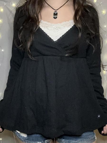 Fashionable Simple Lace Trim Cross V Neck A-Line Long Sleeve Knitted Top Blouse, Trendy Spring & Fall Casual Wear for Women