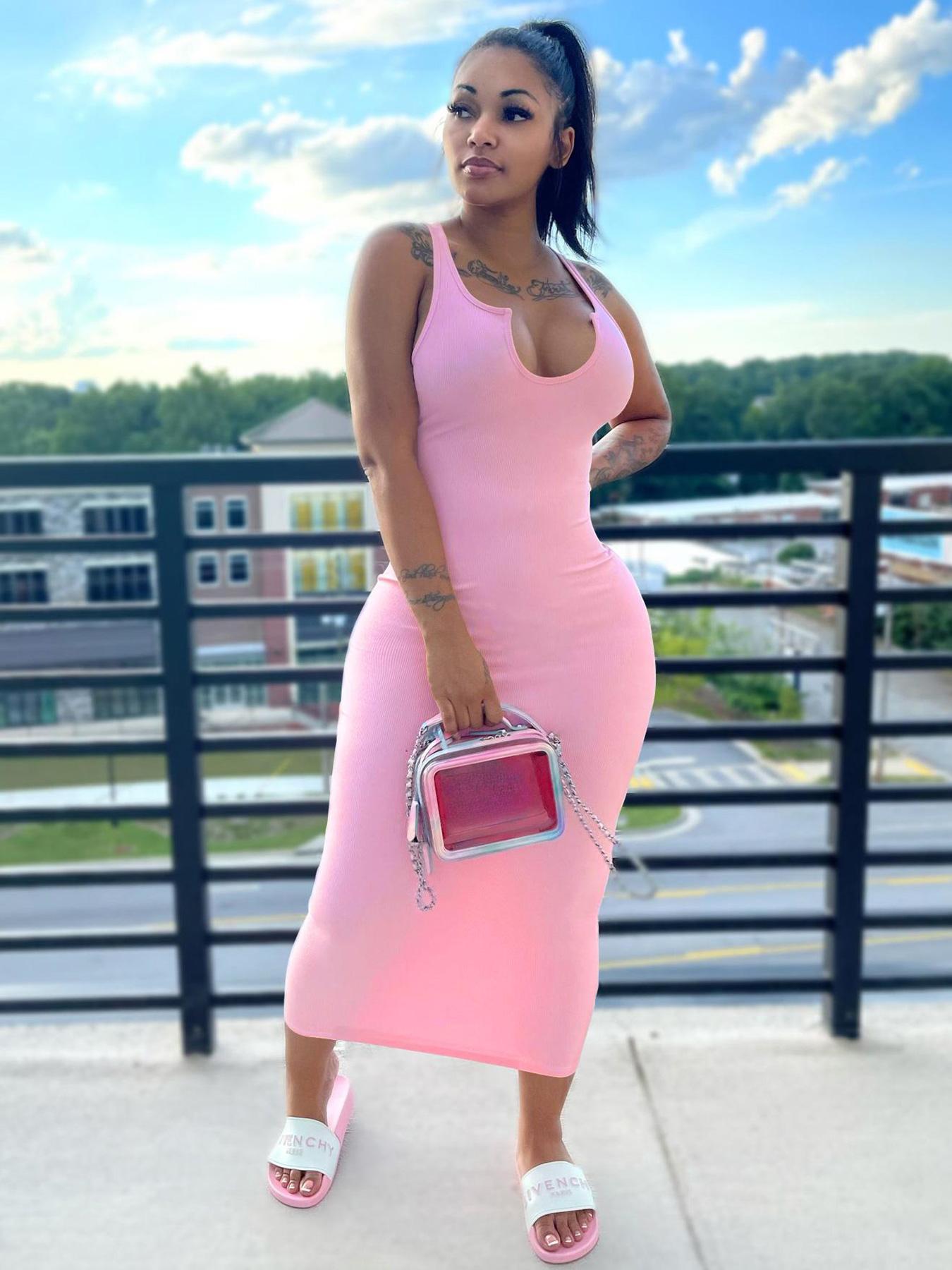 Women's Sexy Plain Notched Neck Bodycon Tank Dress, Casual Basic Minimalist Comfort Long Dress for Lady Party Club Beach, Sleeveless Dresses for Women, Clothing, Lady Casual Wear, Vow Renewal Party Pink Dress, Womenswear, Nightclub, Summer Womenswear
