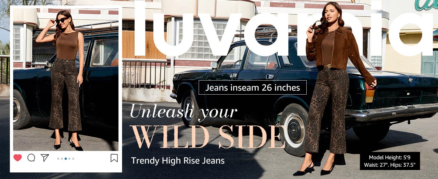 luvamia Wide Leg Jeans for Women High Waisted Leopard Cheetah Print Stretch Cropped Denim Pants Patch Pocket Flare Jeans