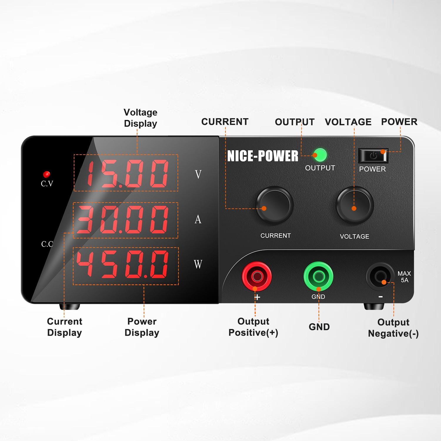 Nice-Power Variable Dc Power Supply, 15v 30a 450w High Power Bench Power Supply, Encoder Knob and Output Switch, Lab Power Supply