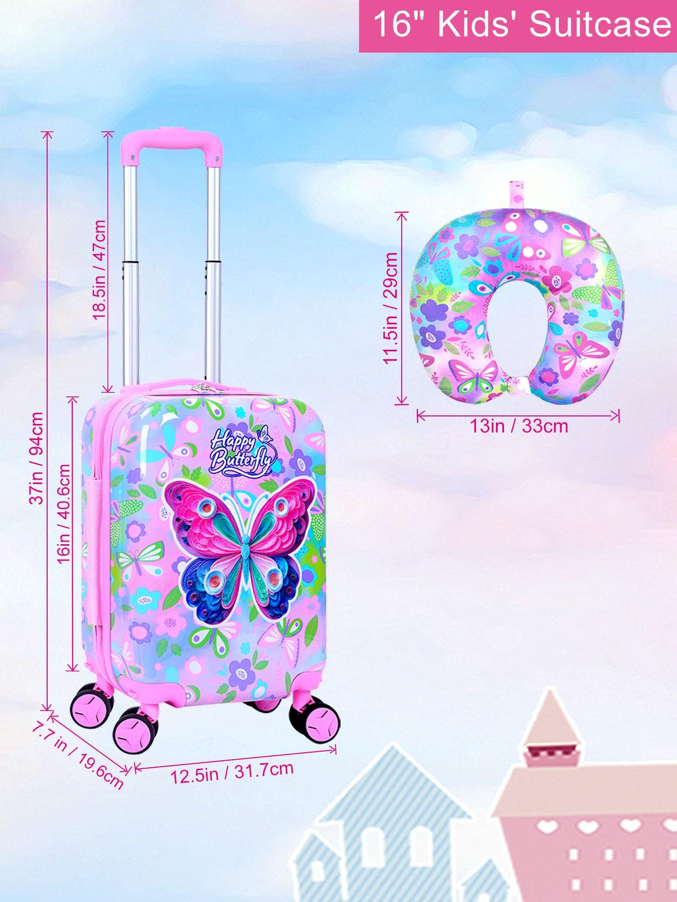 1 Set Kids Luggage Set, Cute Butterfly Print Hard Shell Suitcase with U-Shaped Neck Pillow, Lightweight Rolling Carry On Luggage for Girls, Travel Suitcase for School Trip, Vacation, Airplane