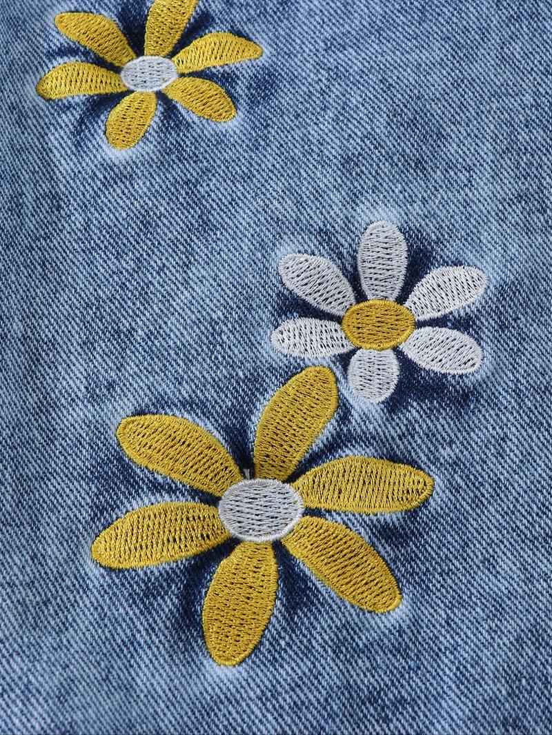 Vintage Light Blue Washed 3D Snowflake Jeans, Elegant Floral Embroidery Design, Perfect for Daily & Casual Wear, Fashionable Girls' Denim