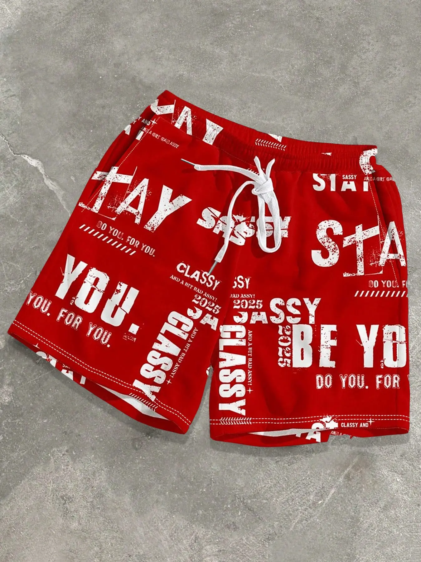 Red Full Distressed Graffiti Slogan Letter Sweat Shorts Men, Y2K Streetwear Drawstring Loose Casual Sports Shorts