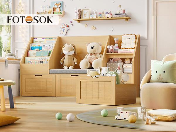 FOTOSOK 55.1'' Kids Bookshelf with Reading Nook, Toy Storage Organizer with Seat Cushion and 3 Movable Drawers, Kids Reading Nook Toy Organizers and Storage with Bench for Playroom