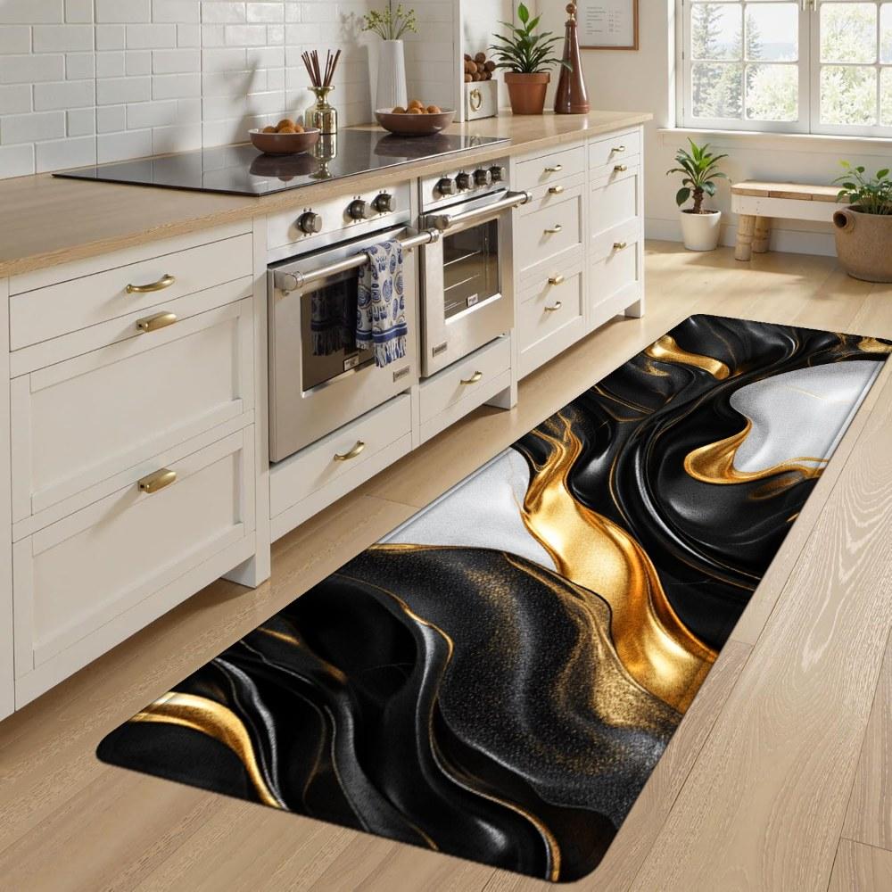 1PC， Black Gold White Fluid Texture Patterned strip rugs, home décor, bathroom mats, entryway mats, bathroom non-slip mats, indoor entrance rugs, bedroom bedside mats, kitchen mats, hallway rugs, flannel sponge rugs, hallway runner rugs