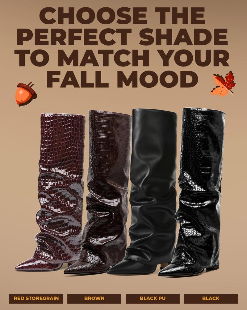 VIMISAOI Fold Over Boots for Women Knee High Boots Block High Heel Almond Pointed Toe Boots Pull-on Wide Calf Summer Boots For Women VIMI VIMI SHOES