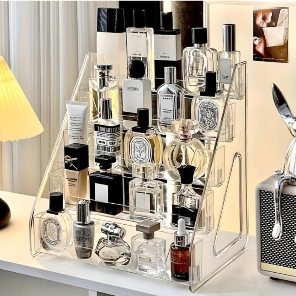 Transparent multi-layer perfume storage box, transparent layered storage rack for cosmetics and skin care products, compact countertop display rack, suitable for use on dressing tables, perfume storage rack, fashionable design, durable structure